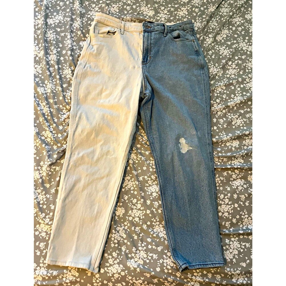 Hollister Ultra High Rise Mom Jeans Women 32x27 Blue White Colorblock Stretch